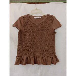 Altar State Smocked Peplum Top Brown Short Sleeve Women L